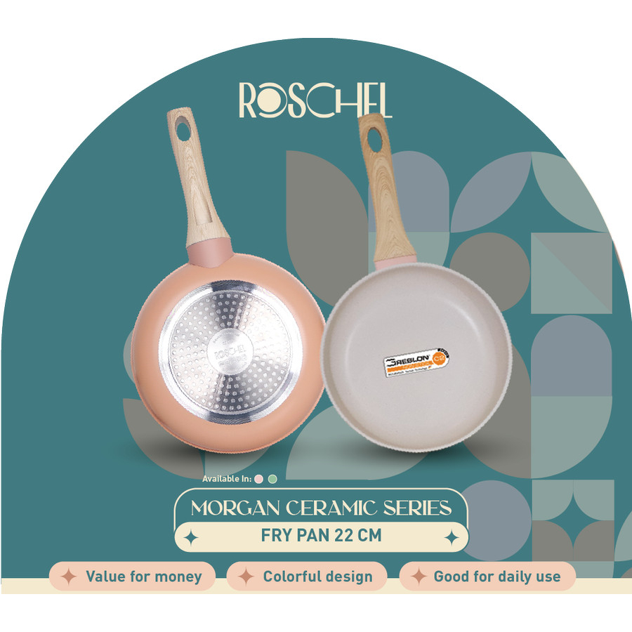 Roschel Morgan Panci Frypan 20 22 24cm Greblon Anti Lengket Marble - Merah Muda, Frypan 22cm
