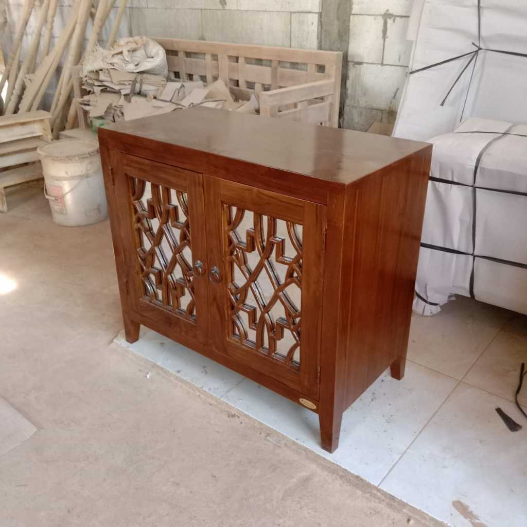 BUFET HIAS JATI MOTIF ULIR KOMBINASI KACA/BUFET SERBAGUNA KAYU JATI/BUFET DAPUR 2PINTU KOMBINASI KAC