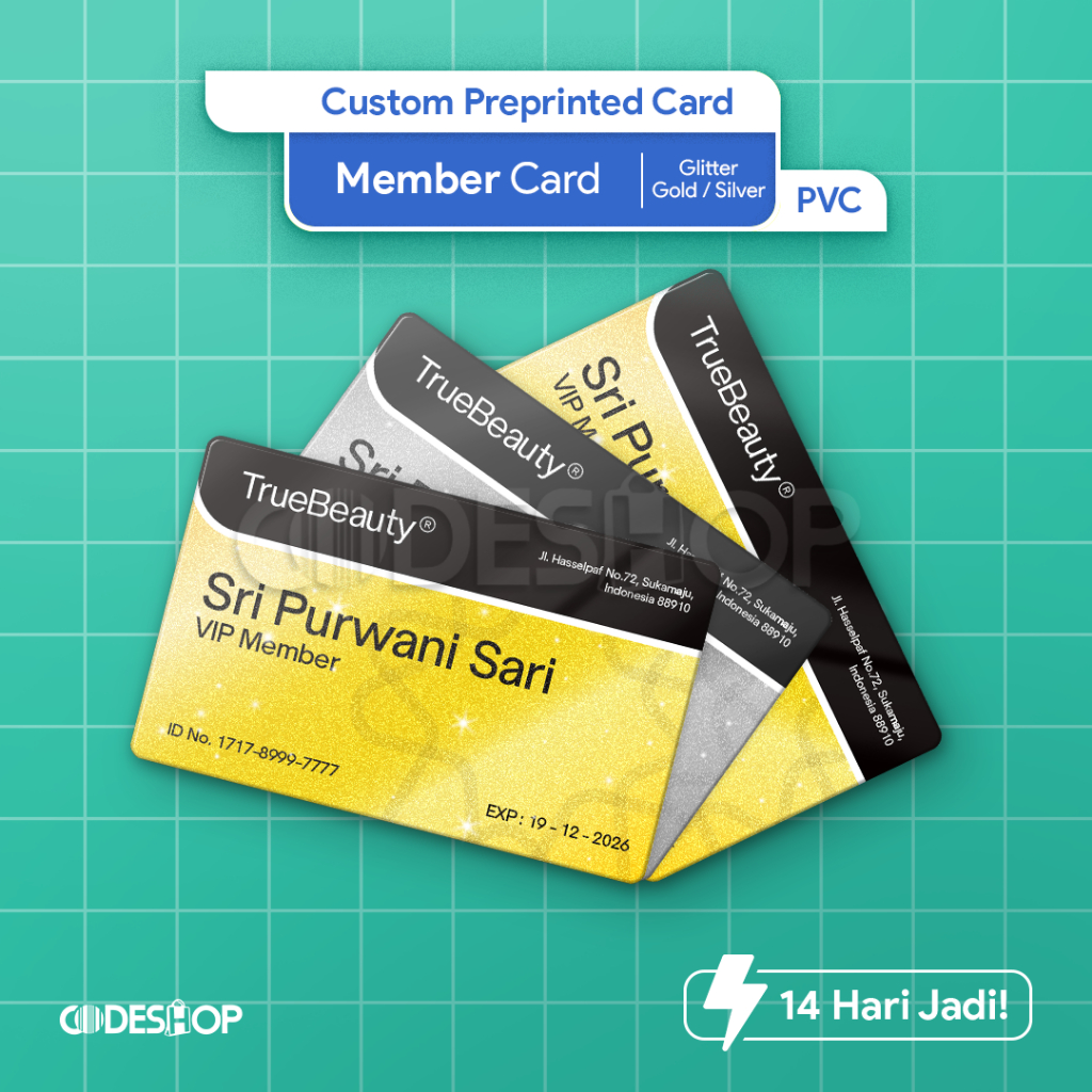 

Cetak Custom Preprinted PVC Card Glitter Kartu Member Gold / Silver