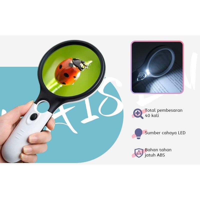 

2in1 Pembesar Dengan Lampu 3 LED Membaca Magnifying Glass Kaca Pembesar LED
