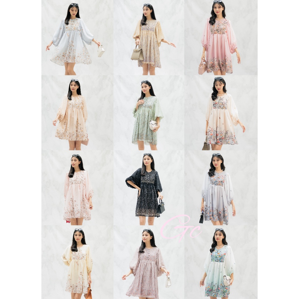 Korean Long Puff Ceruty Dress Button Dres Busui Friendly Kancing Hidup Motif Bunga Lengan Panjang Ba