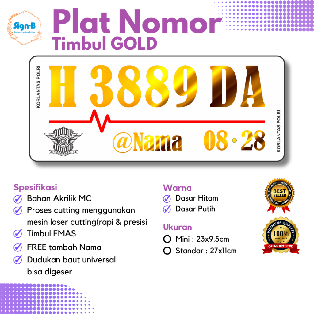 Plat Sepeda Motor Akrilik Timbul GOLD Mirror | Custom Plat Nomor