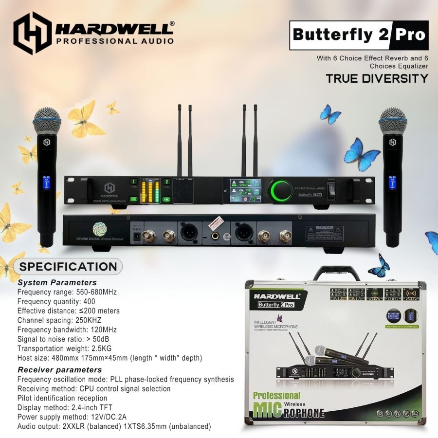 Mic Vocal Wireless HARDWELL Butterfly 2 Pro UHF DSP & EQ Free KOPER ORIGINAL