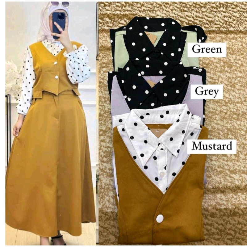 Set Kemeja Polkadot Vest Dan Rok A-line - one set wanita rok dan kemeja vest