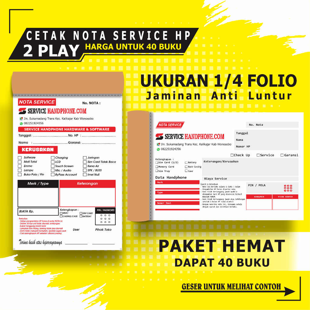 ( PAKET 40 BUKU ) nota service hp 2 play 40 buku nota custom nota service handphone