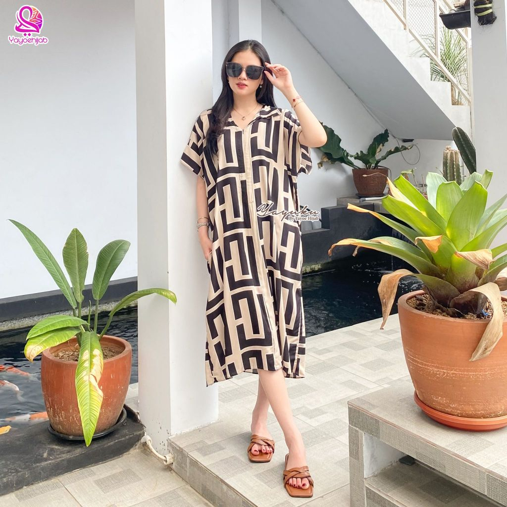 Aira Daster Homedress Motif Lengan Pendek Rayon Crinkle Midi Kekinian Yayuku