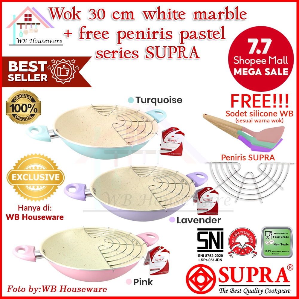 SUPRA wok set 30cm / wajan kuali supra 30cm alumunium white marble anti lengket pastel series / wok