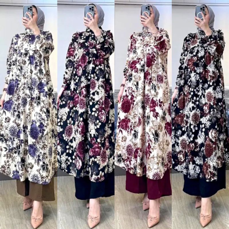 Setelan Long Tunik Rayon Motif Terbaru Busui One Set Tunik Panjang Rayon Kombinasi Crinkle Kekinian 