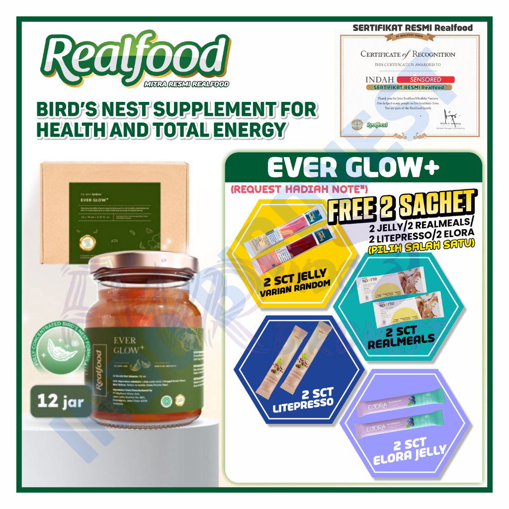 

Realfood Ever Glow Plus 12 Jar Bird Nest | Minuman Sarang Burung Walet + Ekstrak Kurma Indo Birdnest