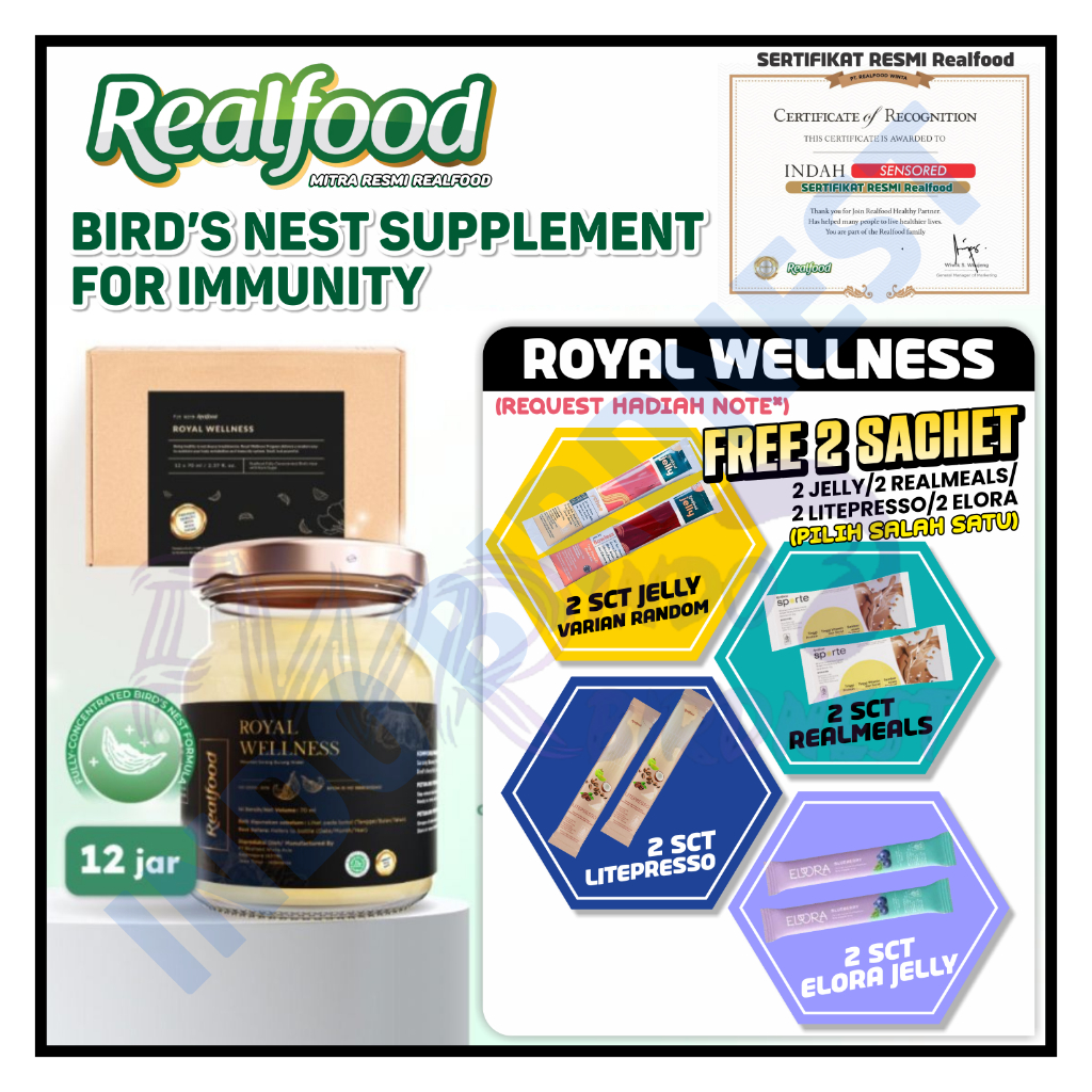 

Realfood Royal Wellness 12 Jar Bird Nest | Sarang Burung Walet | Imun Booster | Indo Birdnest