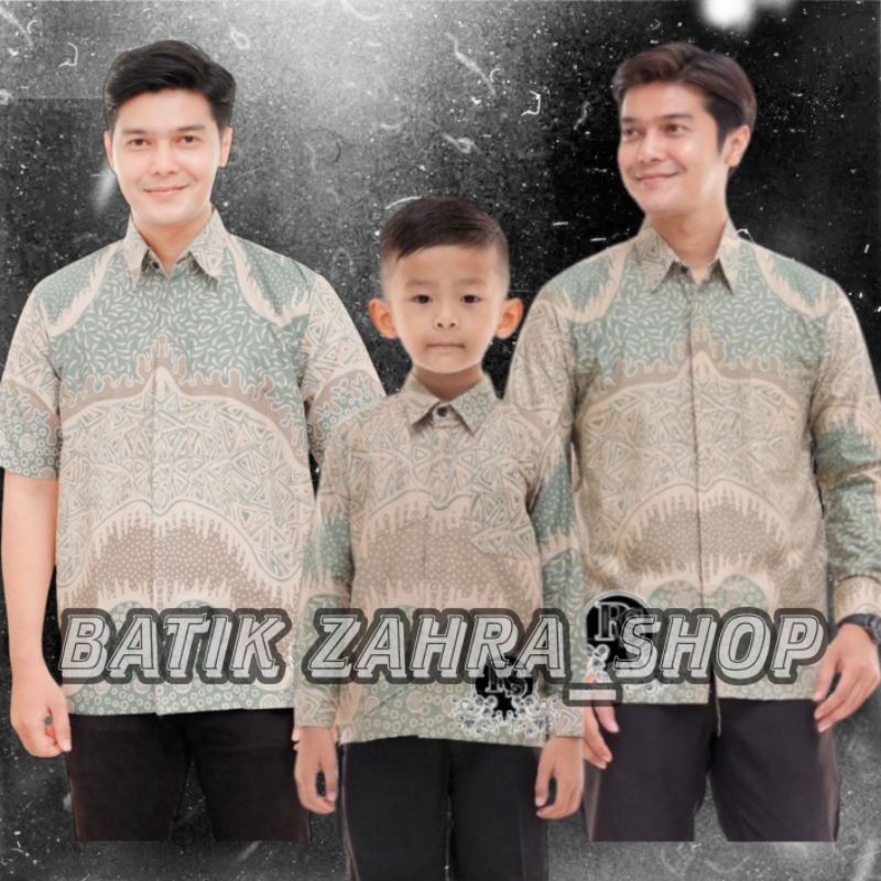 Kemeja Batik Anak Laki-laki Lengan Panjang Couple Batik Ayah dan Anak Cowok Warna Sage Batik Motif P