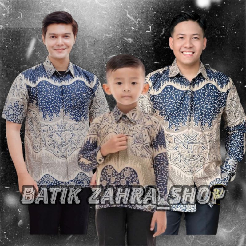 Kemeja Batik Anak Laki-laki Lengan Panjang Couple Batik Ayah dan Anak Cowok Warna Navy Batik Motif P