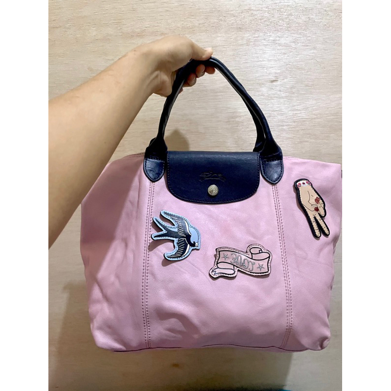 Longchamp Patch Le Pliage (Cuir - Leather Pink) Rare Limited Edition