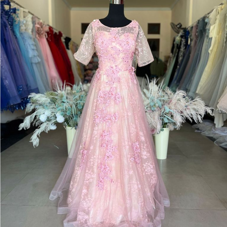 [FOR RENT] Gaun Pesta Big Size Dusty Pink - Brokat Bunga Party Dress DSP-013