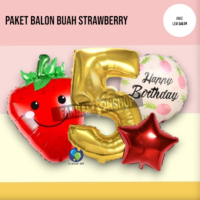 Paket Balon Strawberry Jumbo Angka / Set Dekorasi Ulang Tahun Anak