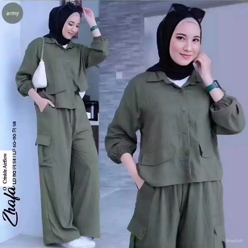 setelan one set baju wanita set cargo polos lengan panjang dan celana pajang