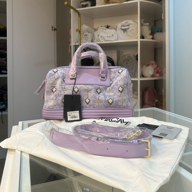 𝙉𝙀𝙒 MCM Authentic Golf In The City Boston Bag In Vintage Monogram Jacquard Purple Lilac Sling Bag Br