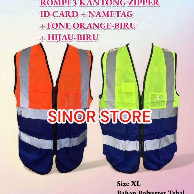 

Bisa Cod Rompi POLYESTER 3 Kantong Nametag Id Card dan Zipper 2 Tone Warna HijauBiru POLYESTER