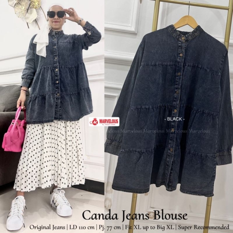 Canda Long Tunik Polos Jeans Snow Hitam Ld 110 Jumbo Fit XXL Busui Kancing Aktif By Mutia