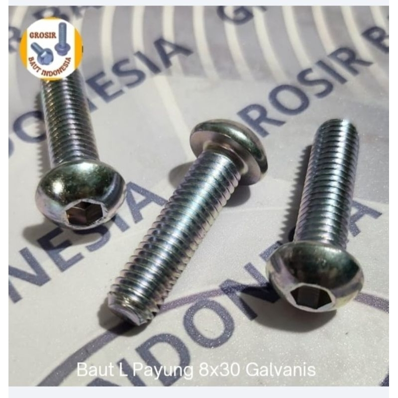 (5pcs)Baut Kunci L5  Button (baut 12)  Panjang 3cm Baut L Payung M8x30 Galvanis
