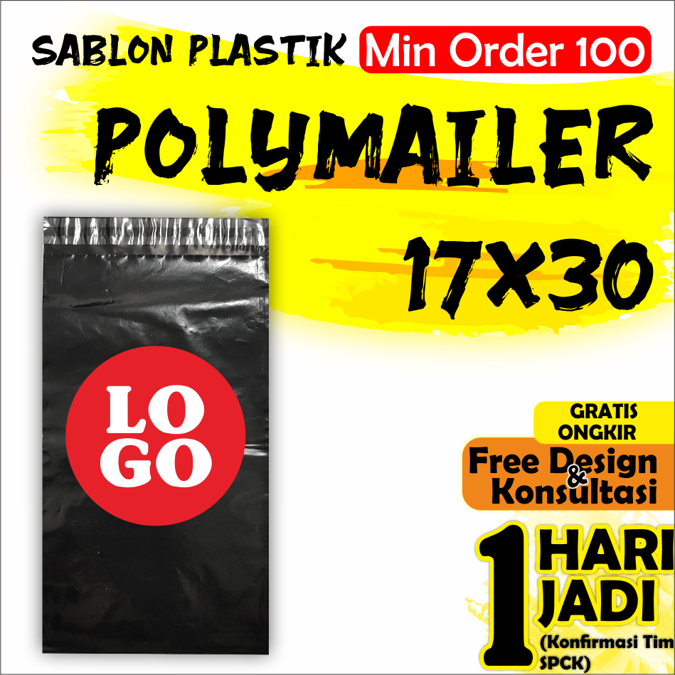 

SABLON Plastik POLYMAILER Perekat Lem 17X30 Packing Olshop Custom Pack Kemasan min order 100 pcs