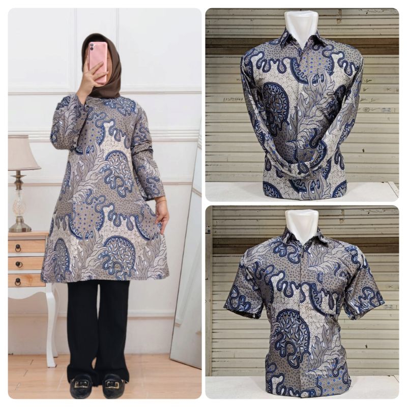 Fatih Batik Medan Batik Couple Wanita Tunik dress Lengan Panjang Abu Biru Bahan Katun TN1796 Seragam