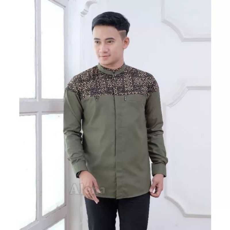 kemkoko pria lengan panjang baju muslim pria motif FARHAN baju koko kombinasi batik  koko kombinasi 