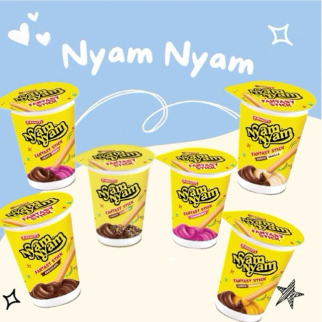 

NYAM NYAM FANTASY STICK CHOCOLATE CHOCOBERRY CHOCO BANANA CHOCO RAINBOW CHOCO VANILA STRAWBERRY 25GR HARGA PERPACK