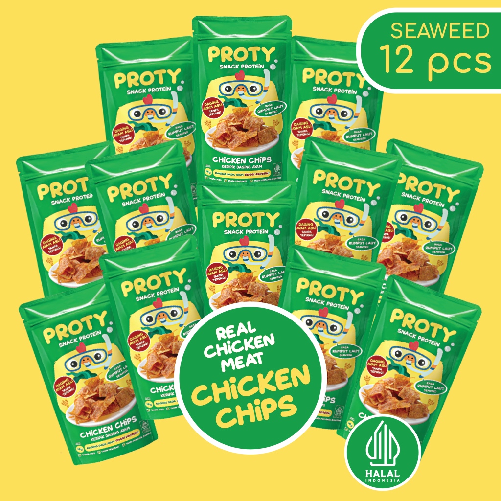 

PROTY Chicken Chips Rumput Laut Seaweed (Bundle 12 pcs) Snack Keluarga Tinggi Protein - Keripik Ayam