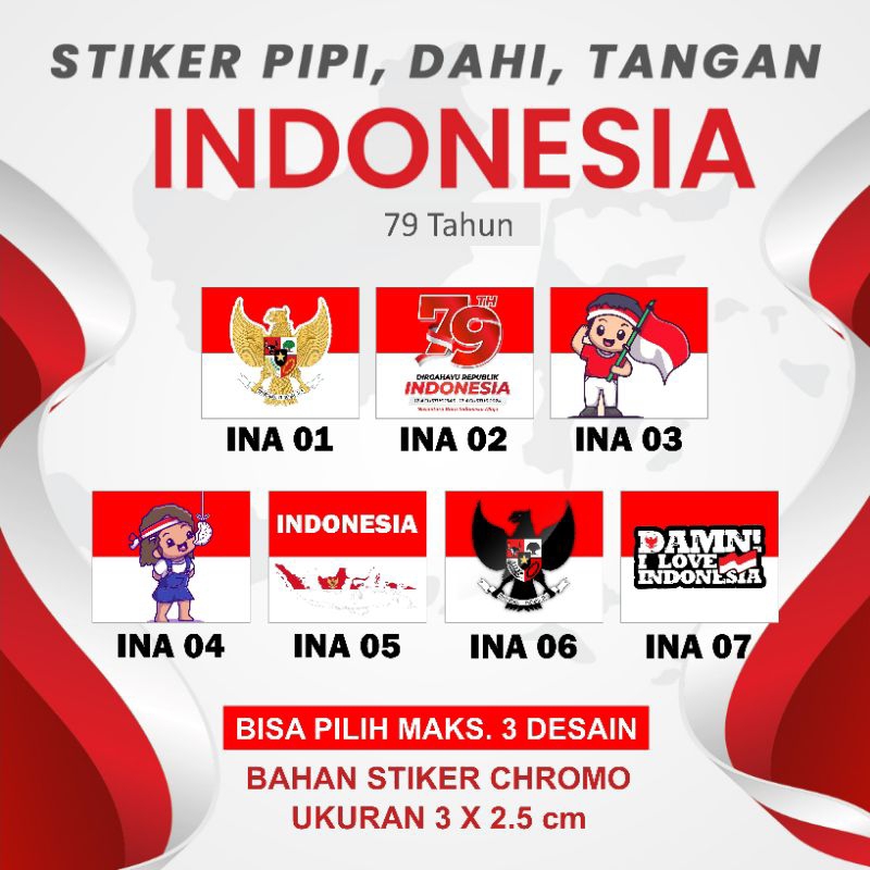 

STIKER PIPI 30 PCS 60 PCS BENDERA INDONESIA MERAH PUTIH HUT RI 79 Tahun UNTUK PIPI, DAHI, ATAU TANGAN