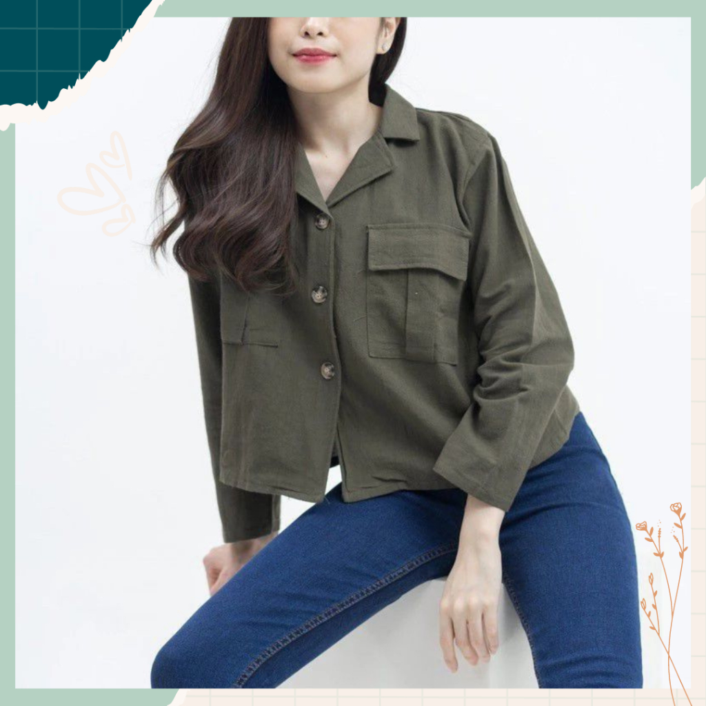 Kemeja Polos Shirt Crop Kancing Saku Depan Oversize Katun Linen Daily Wanita Bahan Premium Model Ter