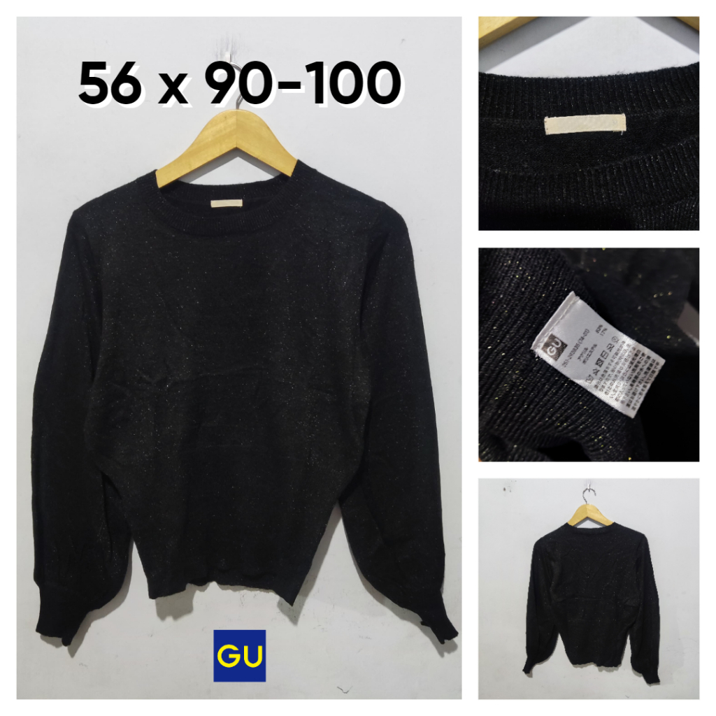 Sweater GU by Uniqlo Hitam Kelap Kelip Size M Wanita Atasan Cewek Outer Knit Rajut Lengan Balon BC73