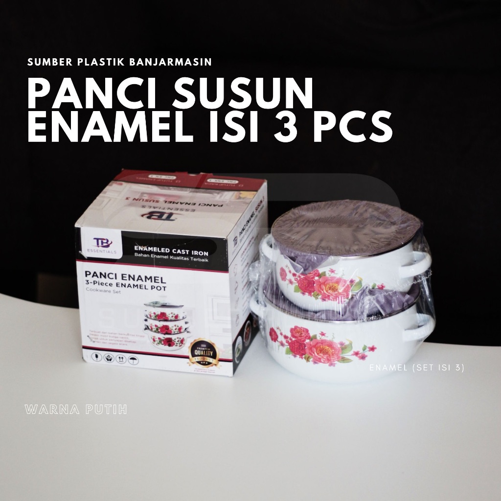Panci Enamel Susun Isi 3 Pcs Panci Set Tutup Kaca Enamel Motif Bunga (Set)
