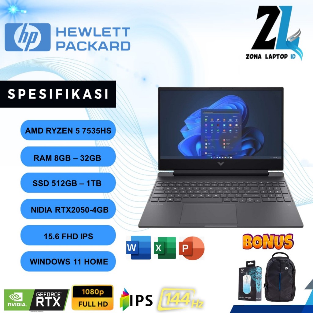 LAPTOP GAMING HP VICTUS 15 RYZEN 5 7535HS RAM 32GB 1TB SSD RTX2050 4GB 144HZ WINDOWS 11