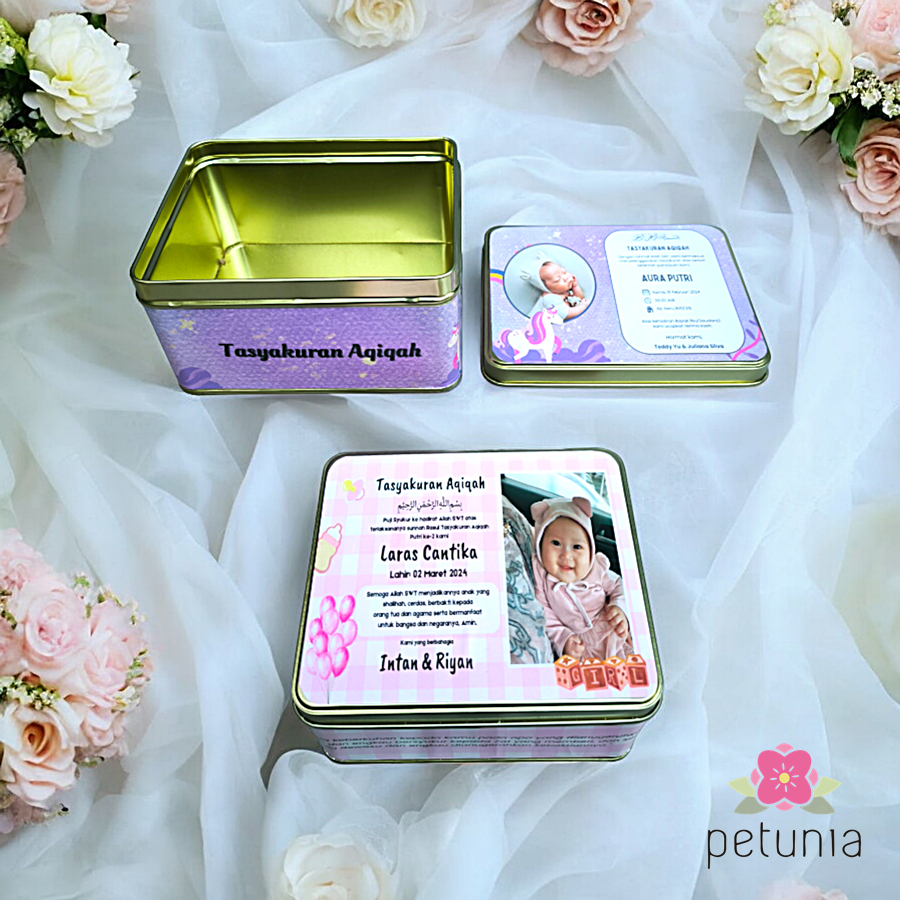 

Box Kaleng Kotak Souvenir Aqiqah Kelahiran Anak Custom Photo Nama