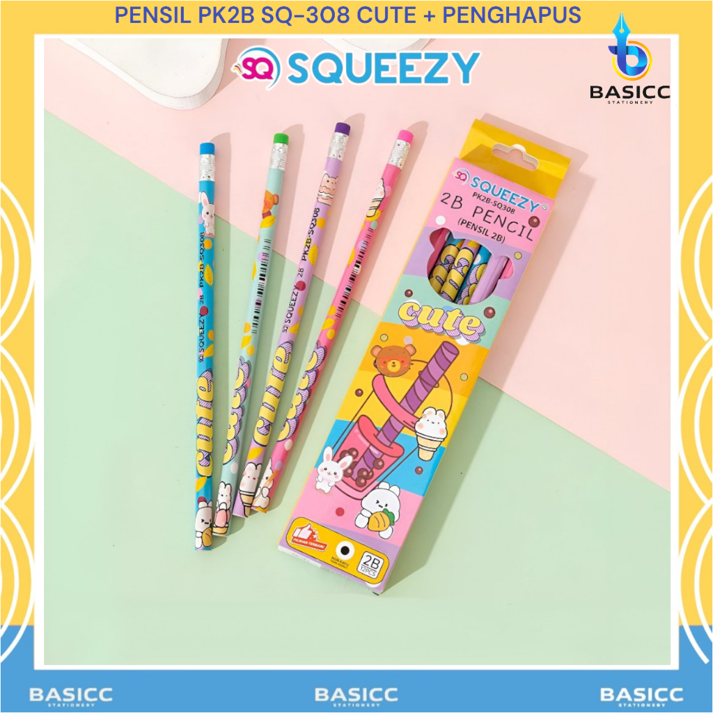 

Squeezy Pensil PK2B-SQ308 Cute + Penghapus | @1Box=12 Pencil