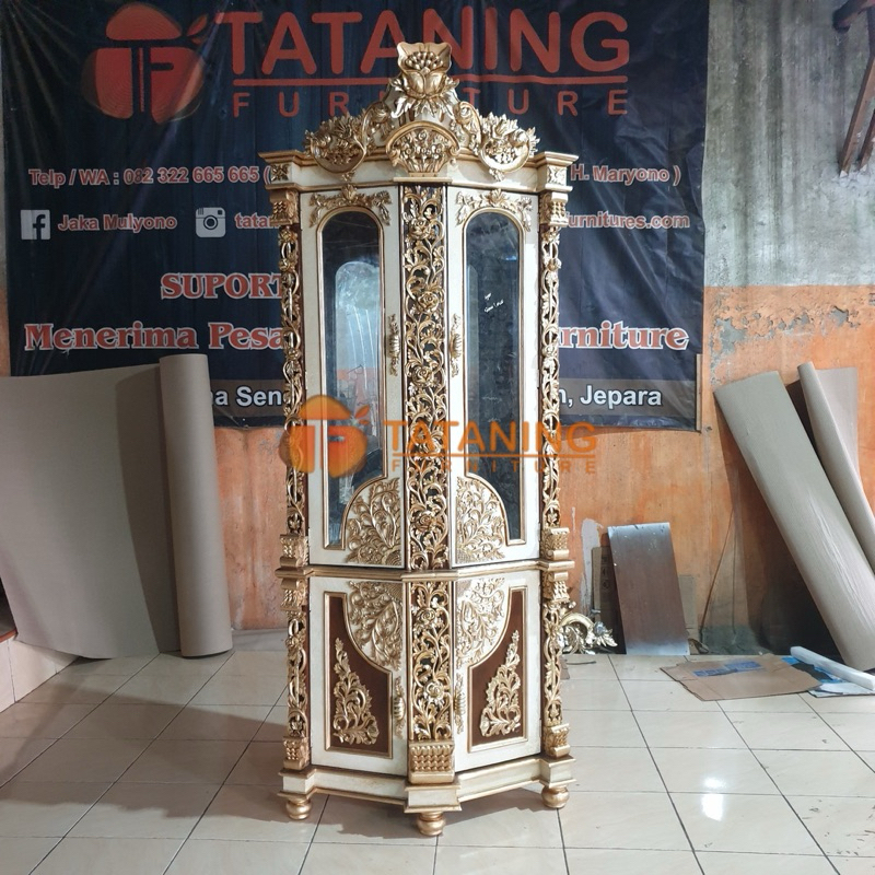 LEMARI SUDUT SIMA KAYU JATI FINISHING MEWAH ALMARI HIAS PAJANGAN RAK KACA UKIR ANTIK DEKORASI RUANG 