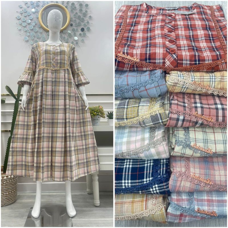 midi dress katun triset ori salvina ys / midi dress kotak salvina ys