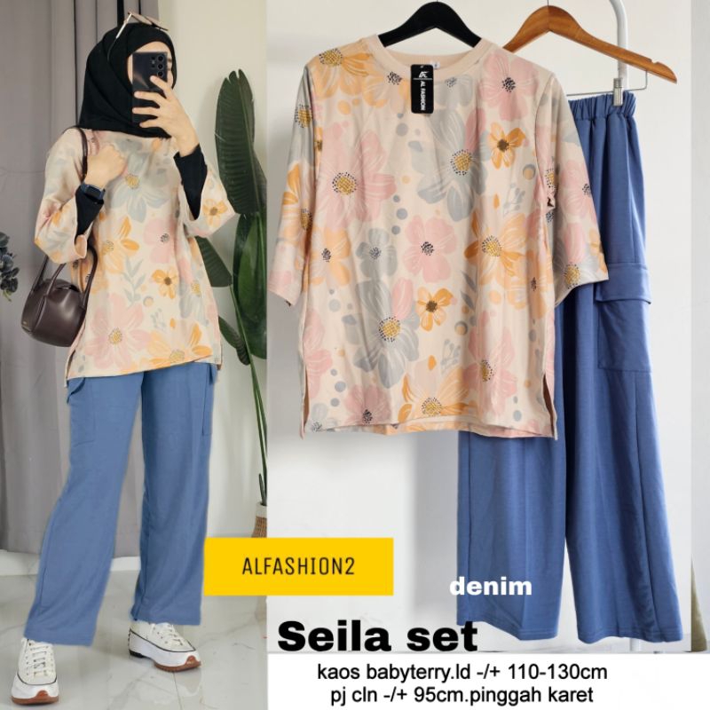 Setelan Celana Seila Jumbo Set Bahan Kaos Babyterry Allsize LD110 Melar 130 By Alfashion