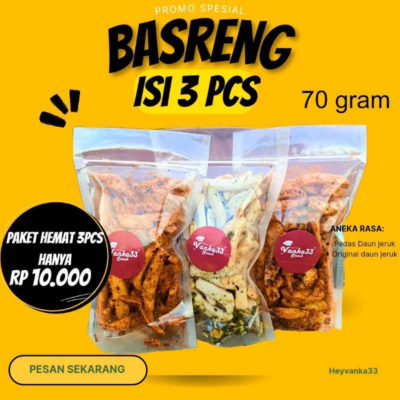 

10 Rb Dapat 3 Pcs Basreng Pedas Daun Jeruk 70 Gram Kemasan Pouch