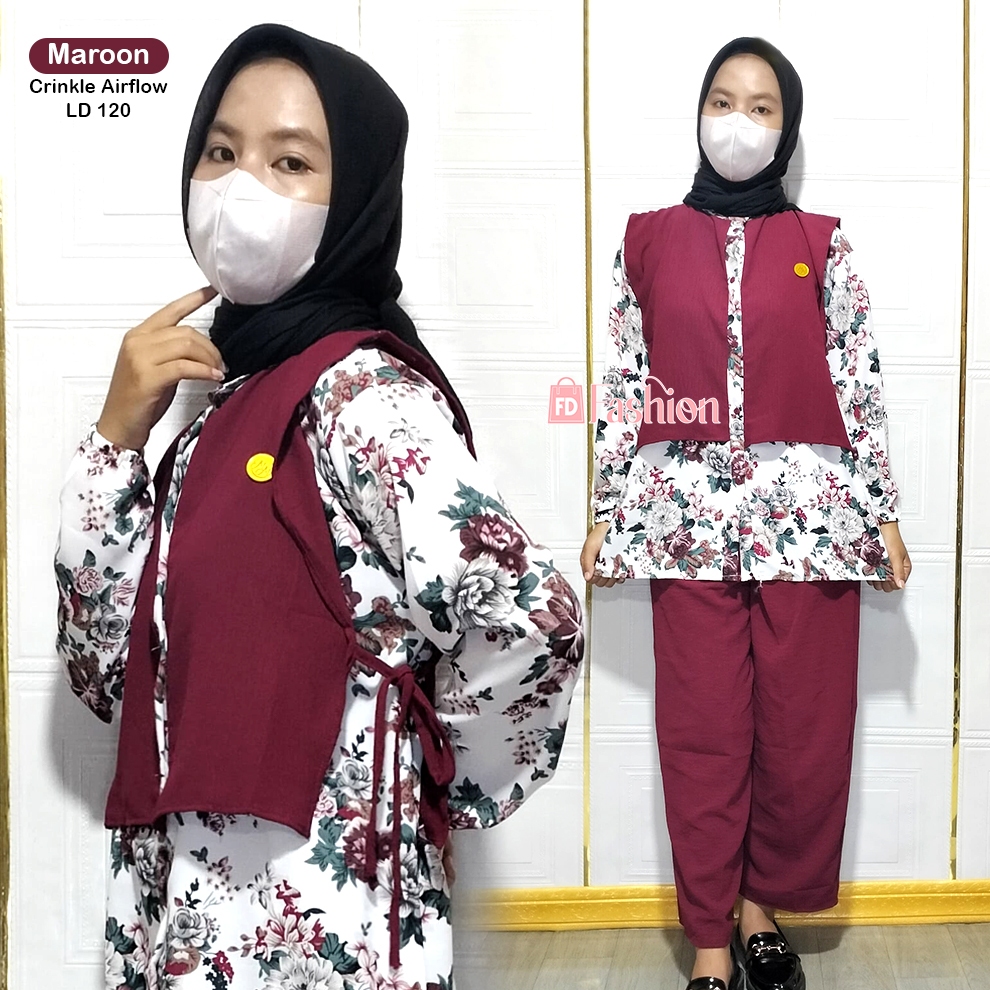 Setelan Wanita Kekinian Crinkle Motif Bunga / Setcel Wanita Jumbo / Oneset Rompi