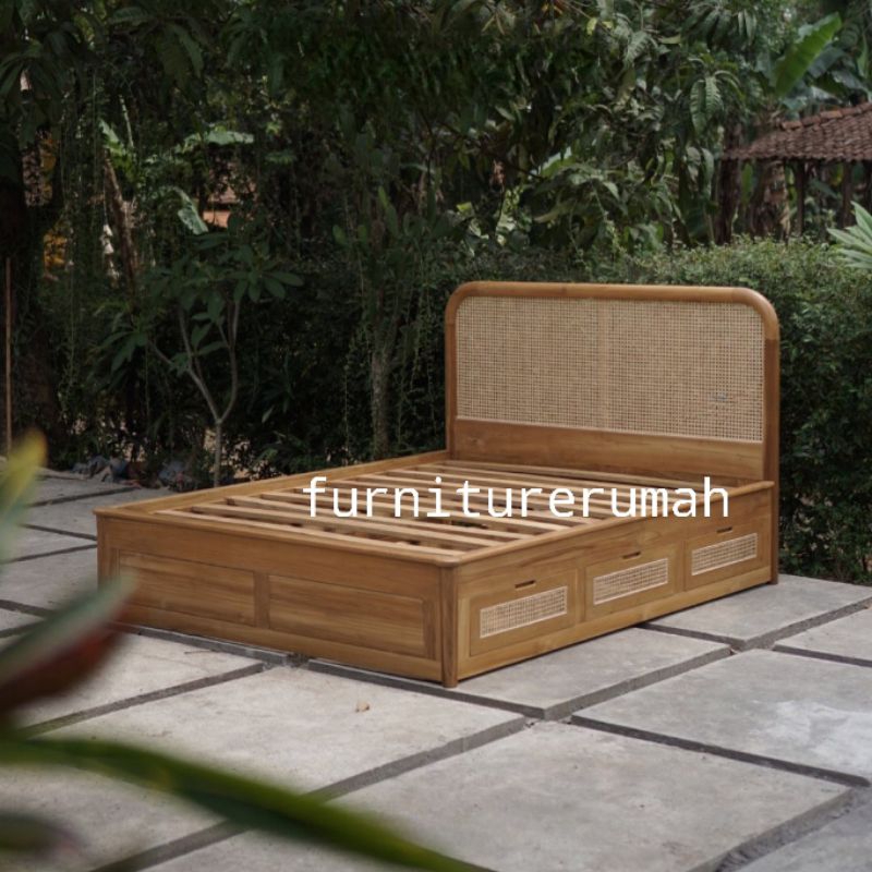 tempat tidur minimalis laci kayu jati rotan, dipan laci kayu jati minimalis rotan