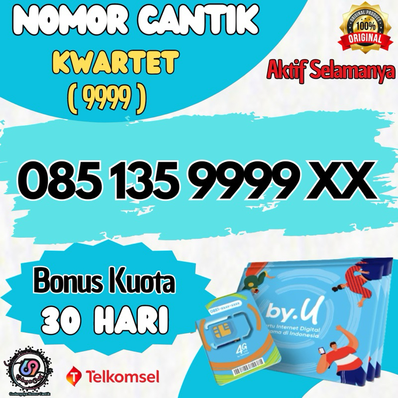 Nomor Cantik Couple KWARTET 9999 Kartu Perdana by.U Telkomsel (Bonus Kuota 30hari)