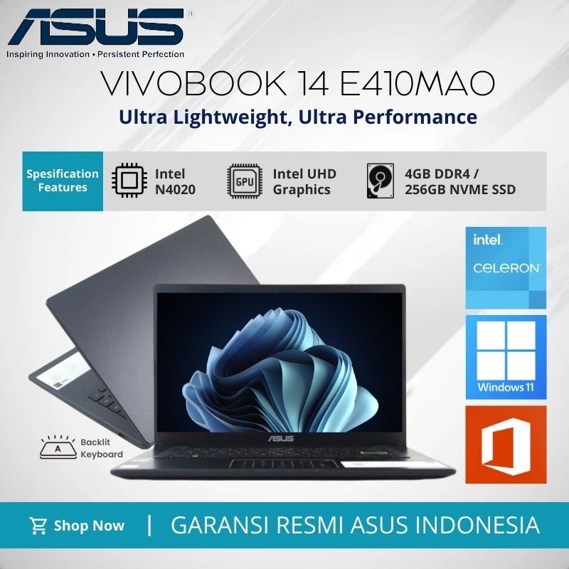 LAPTOP ASUS VIVOBOOK E410MAO-VIPS421 INTEL N4020 4GB 256GB SSD 14.0 FHD BACKLIT WIN11 OHS