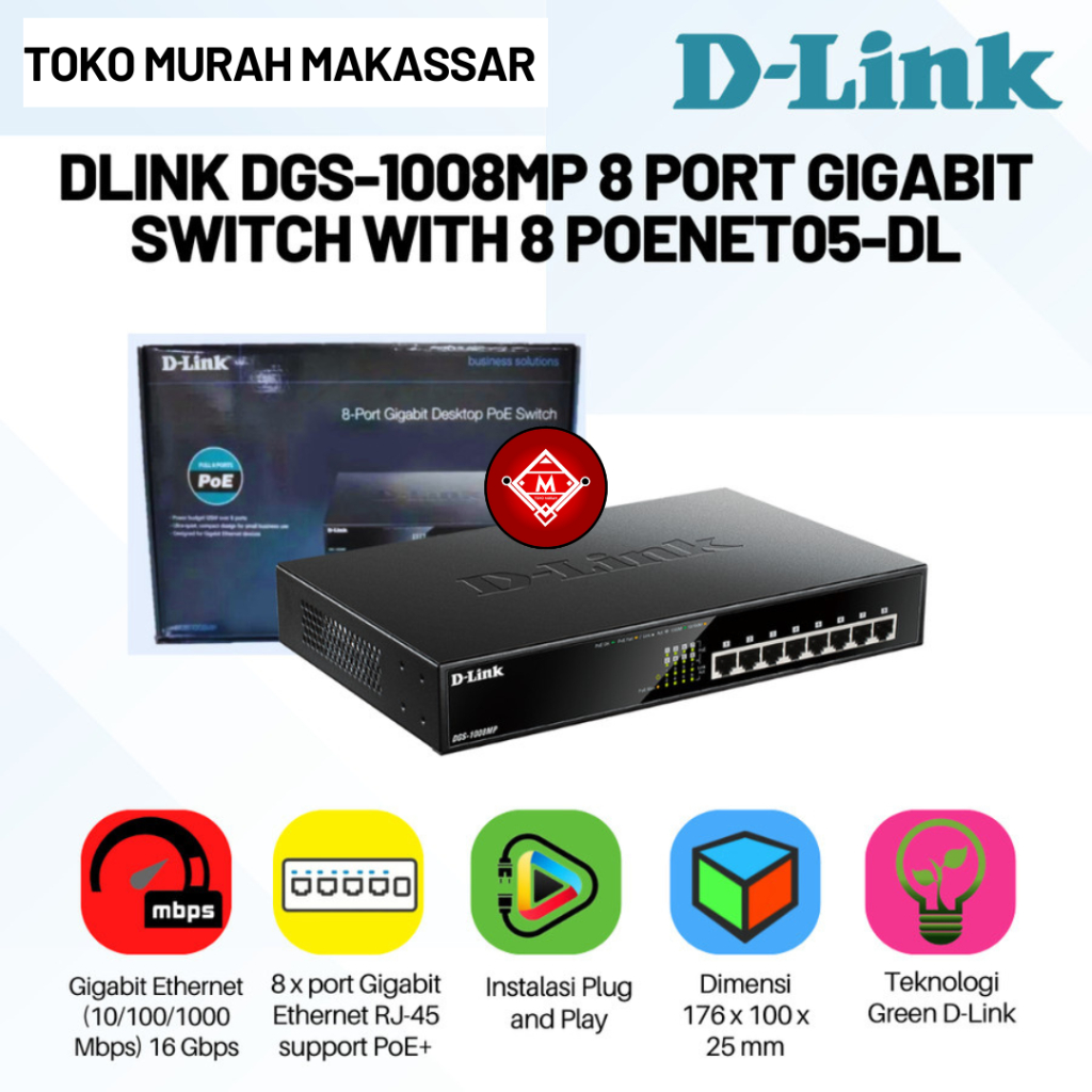 D-Link DGS-1008MP 8 Port Gigabit Switch With 8 POE+ Dlink 8 Poenet 05-DL / NET04-DL