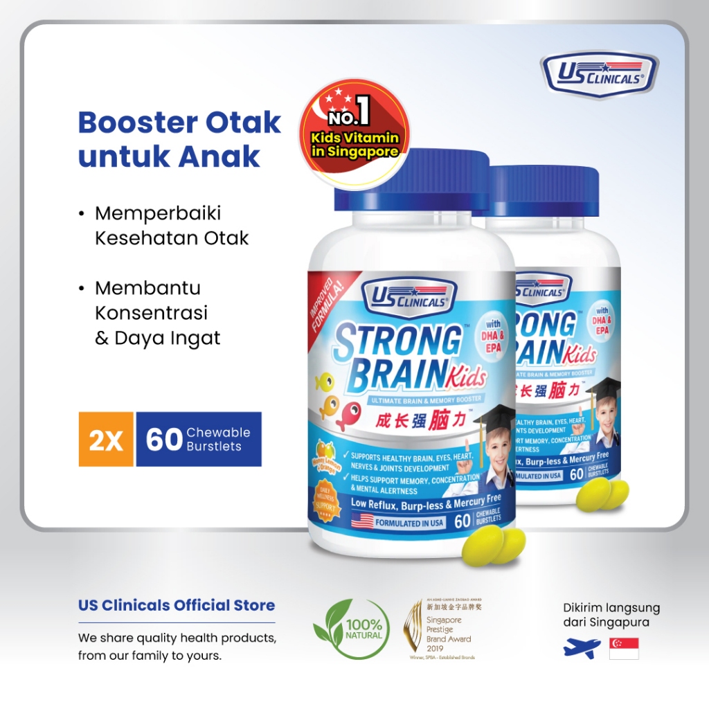 US Clinicals StrongBrain Kids 2 x 60s (new version) – Vitamin otak anak, suplemen otak untuk anak, m