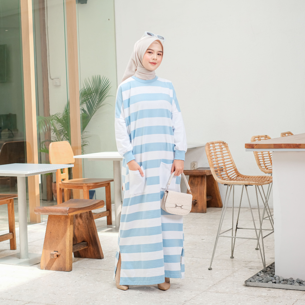 Dress Kaos Panjang Gamis Garis Garis Midi Kombinasi Kekinian Wanita Muslim Jumbo ENISA