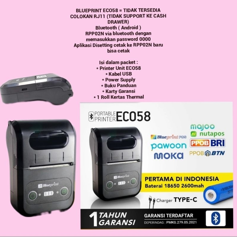 Printer Portable Bluetooth BLUEPRINT ECO 58 ( Thermal + Label Stiker)