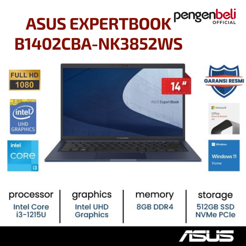 ASUS ExpertBook B1402CBA-NK3852WS / Windows 11 home+OHS 2021 / Ram 8gb ddr4 / SSD 512gb / Core i3-12
