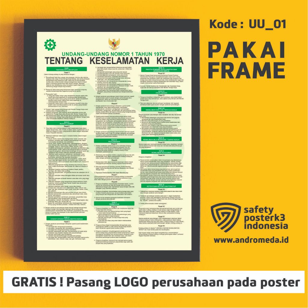 Safety Poster K3 UU No 1 Tahun 1970 Tentang Keselamatan Kerja_Kuning + Frame